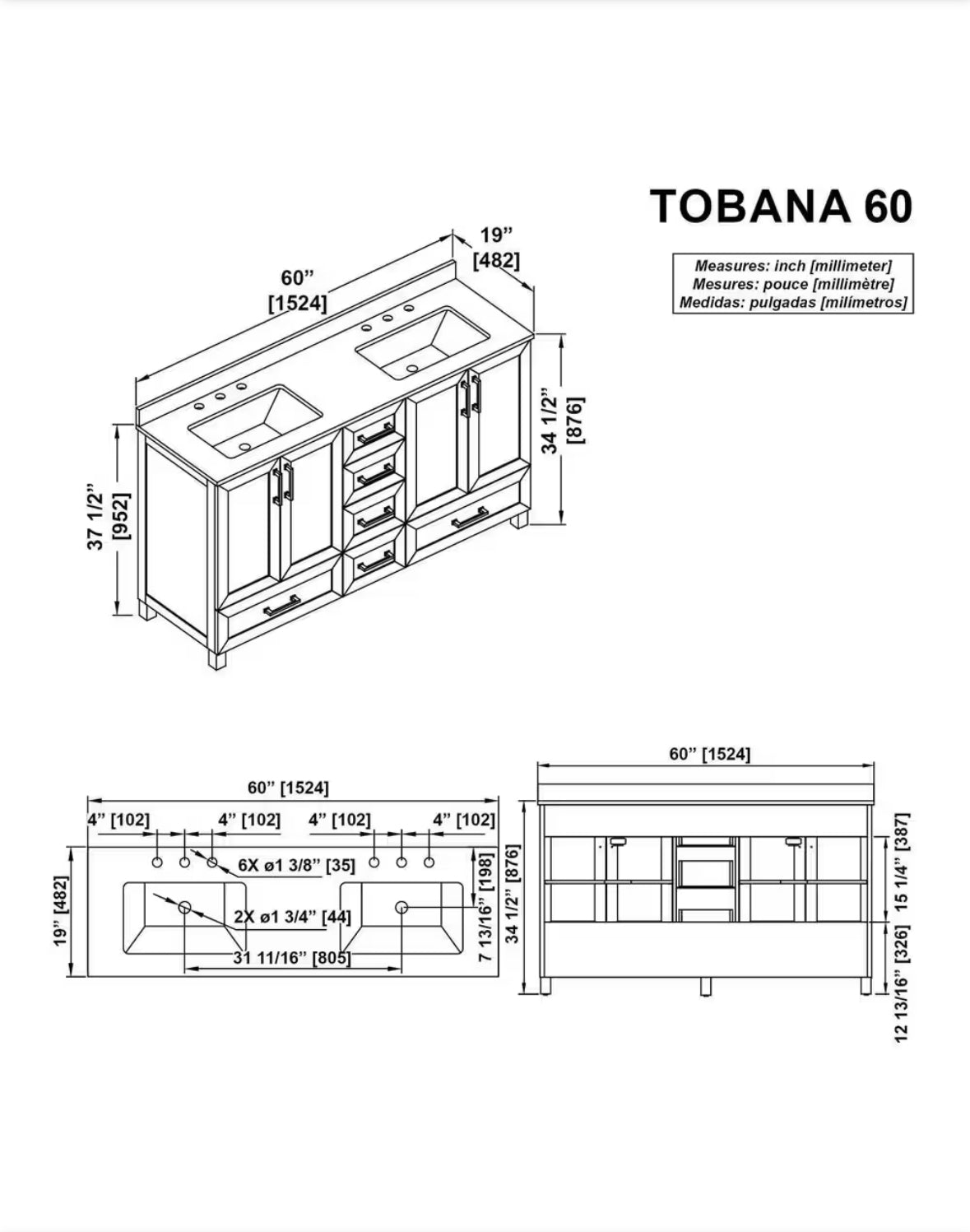 Tobana 60 in. W x 19 in. D x 34 in. H Double Sink Bath Vanity in Weathered Tan with White Engineered Marble Top