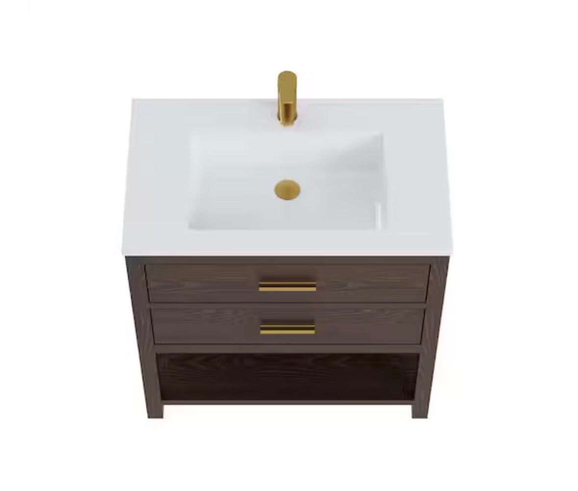 Magen 31 in. Single Sink Bath Vanity in Walnut with White Engineered Solid Surface Top and 2 Drawers (Unassembled)