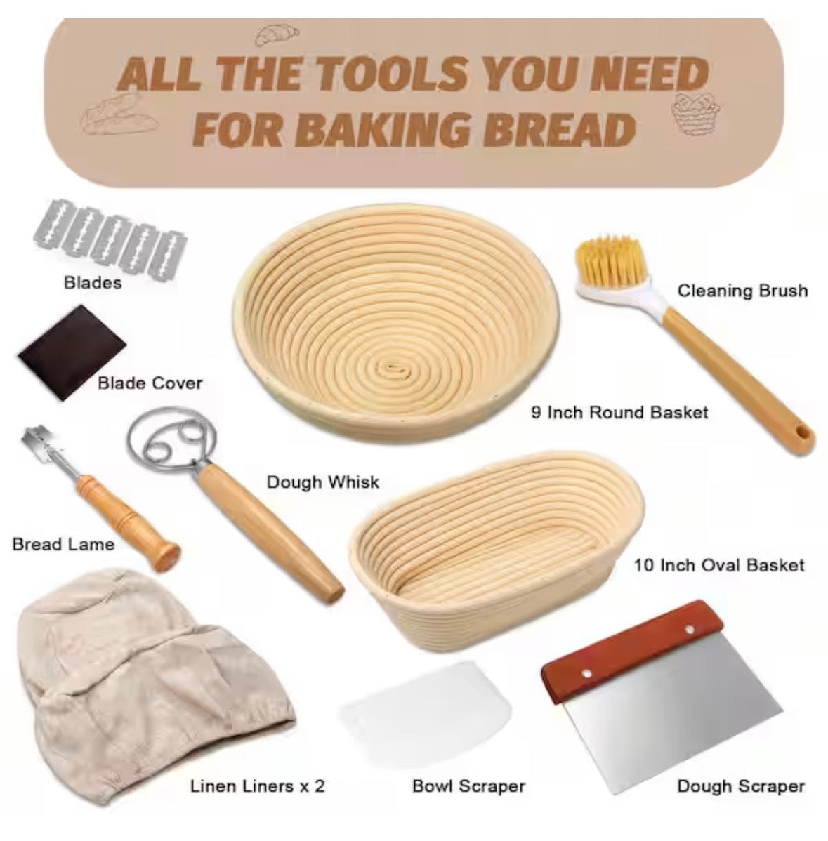 9-Piece Sourdough Bread Baking Supplies Set with Bread Lame, Danish Whish, Bowl Scraper, Sourdough Scraper, Linen Liners