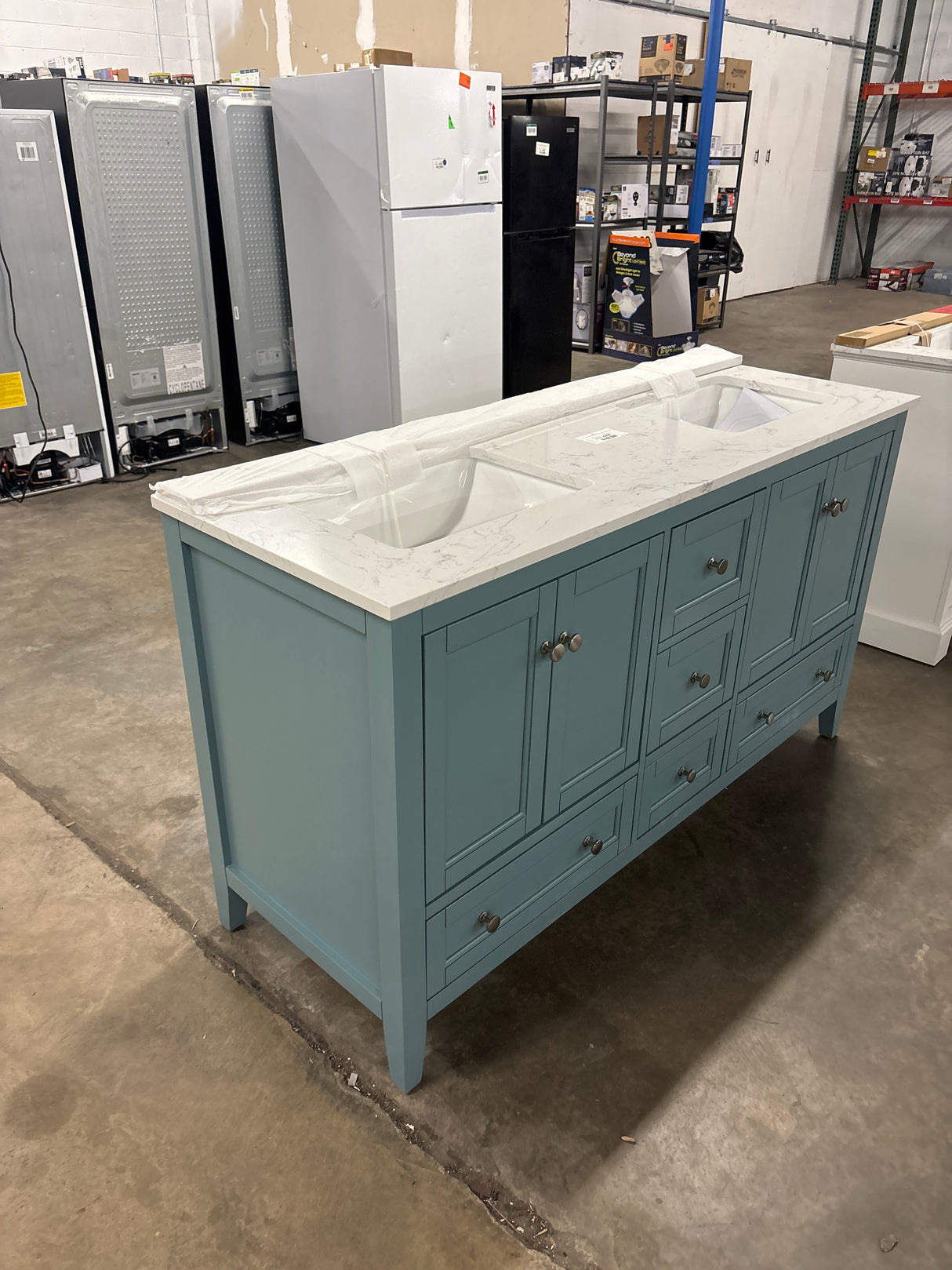 Beverly 61 in. Double Sink Aegean Teal Bath Vanity with White Engineered Marble Top (Assembled)