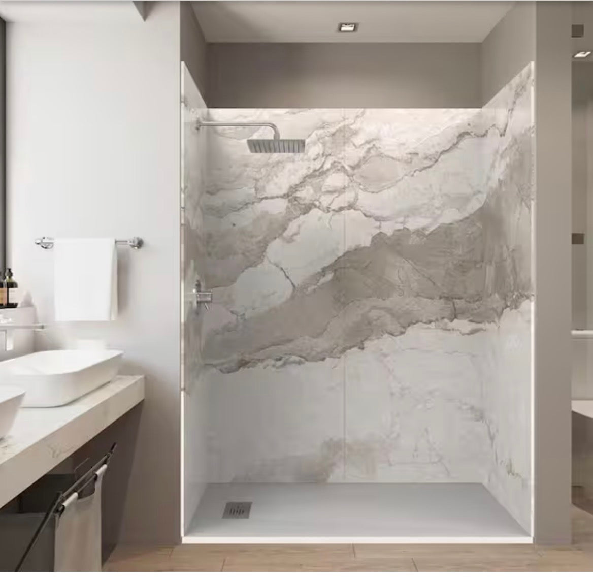 Italian Beige 32 in. x 60 in. x 84 in. Solid Composite Stone Alcove Shower Kit with Walls and White Pan Base L/R Drain