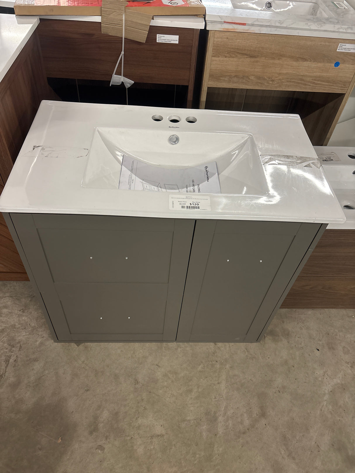 Salerno 32 in. Single Sink PVC Grey Standing Bath Vanity with White Sintered Stone Top Assembled