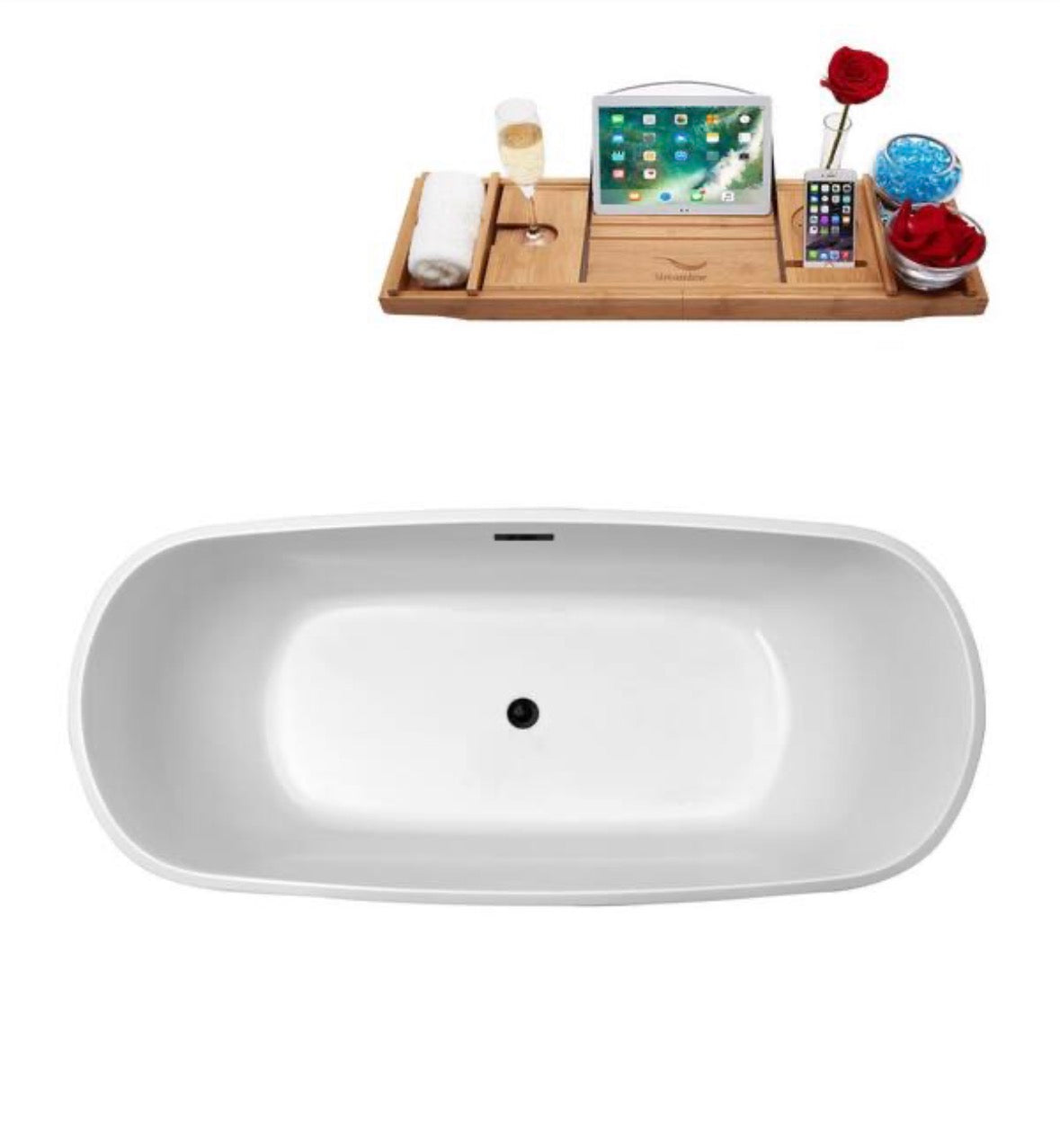 67 in. Acrylic Flatbottom Non-Whirlpool Bathtub in Glossy White with Matte Black Drain and Overflow Cover