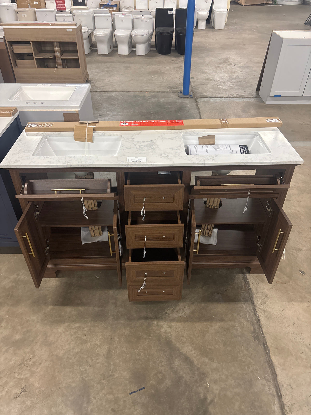 Doveton 60 in. Double Sink Freestanding Dark Walnut Bath Vanity with White Engineered Marble Top (Assembled)