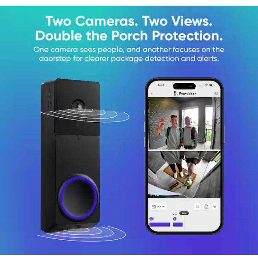 Wireless Duo Cam Video Doorbell, Battery Powered, 2K Full HD Video, 2 Cameras (People and Package), Color Night Vision