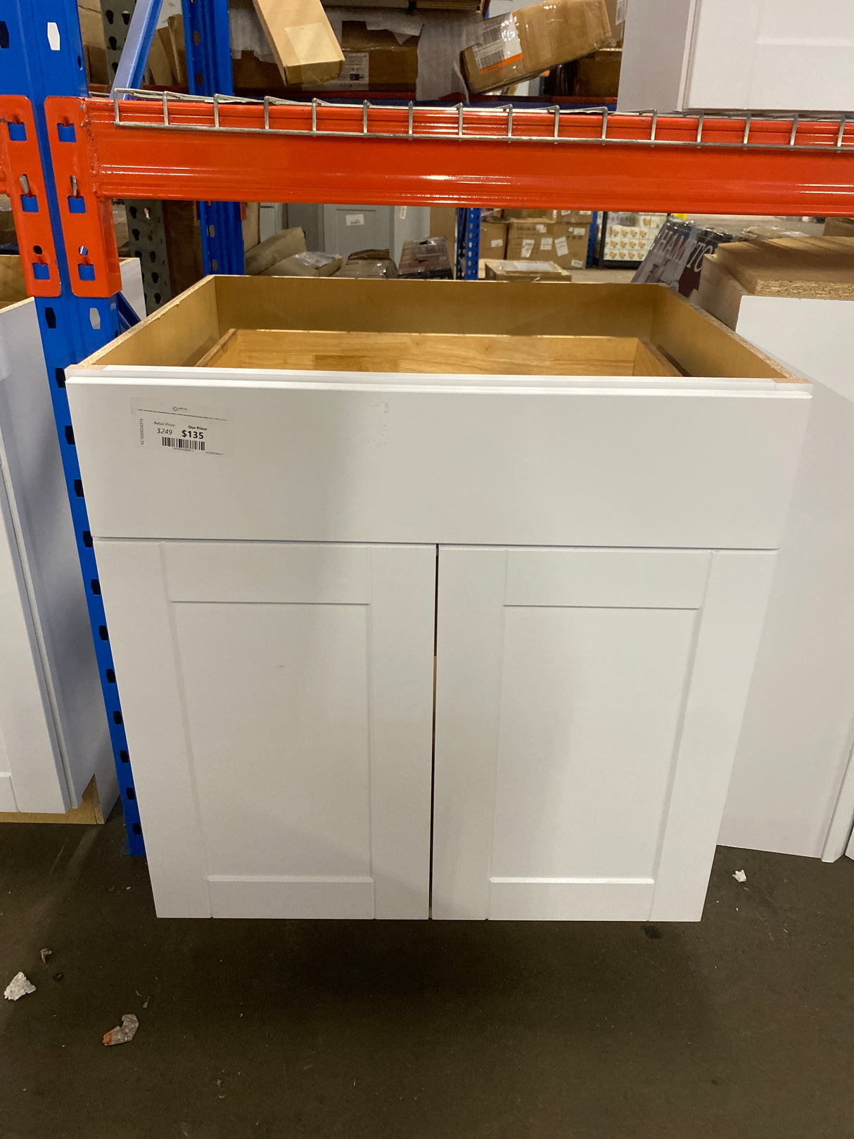 Shaker Satin White Stock Assembled Base Kitchen Cabinet with Ball-Bearing Drawer Glides (30 in. x 34.5 in. x 24 in.)