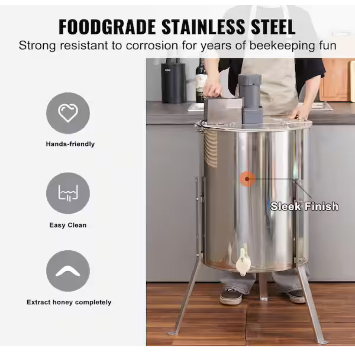 Electric Honey Extractor, 4/8 Frames Stainless Steel Spinner for Beekeeping, Height Adjustable Stand