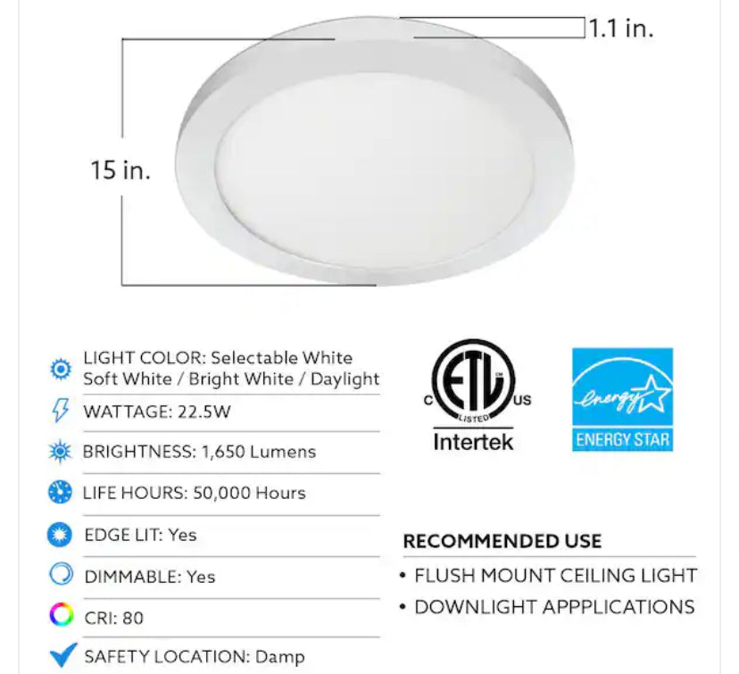 15 in. 22.5-Watt White Integrated LED 1650 Lumens Edge-Lit Round Flat Panel Flush Mount Ceiling Light w/Color Changing