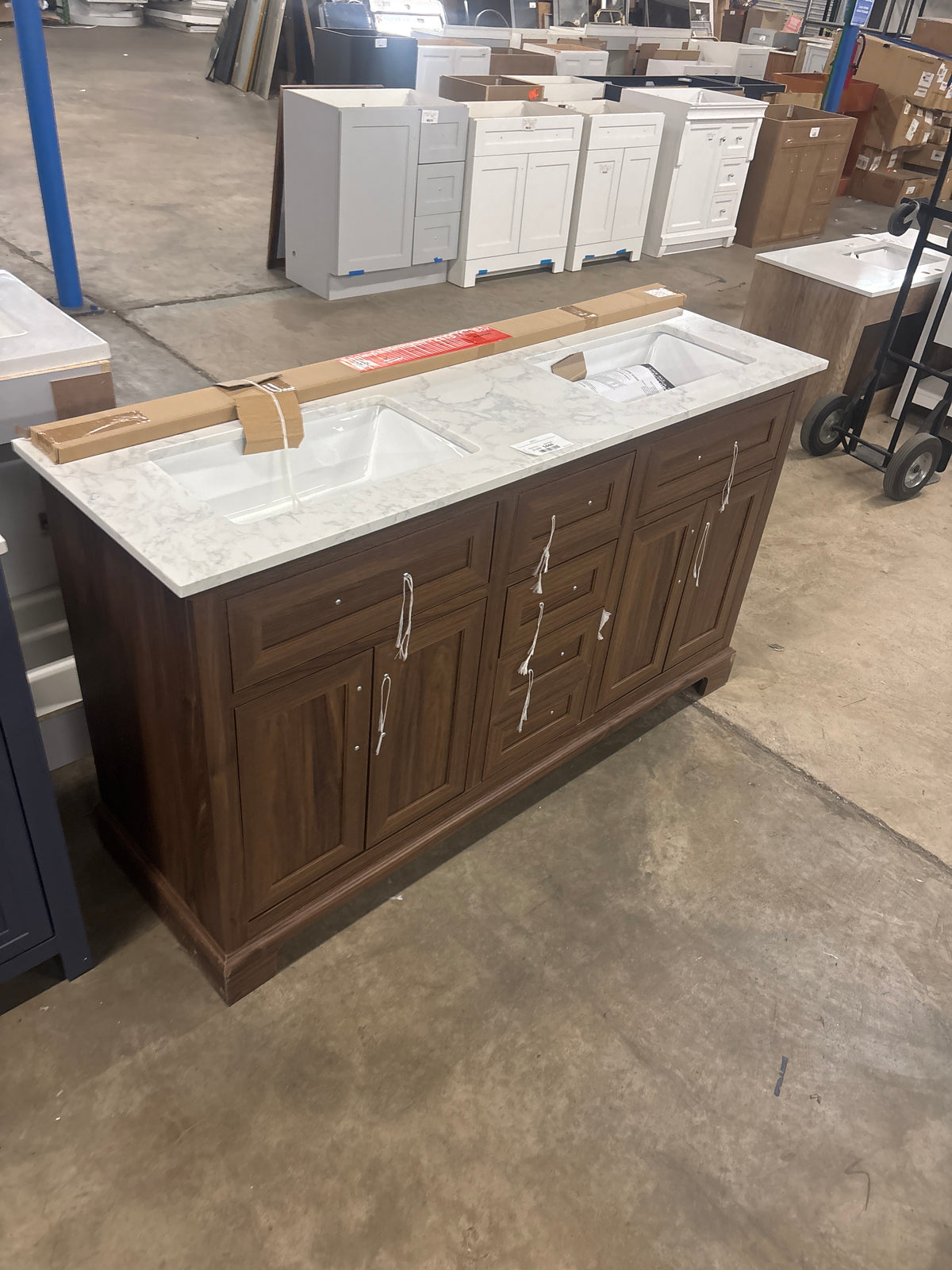 Doveton 60 in. Double Sink Freestanding Dark Walnut Bath Vanity with White Engineered Marble Top (Assembled)