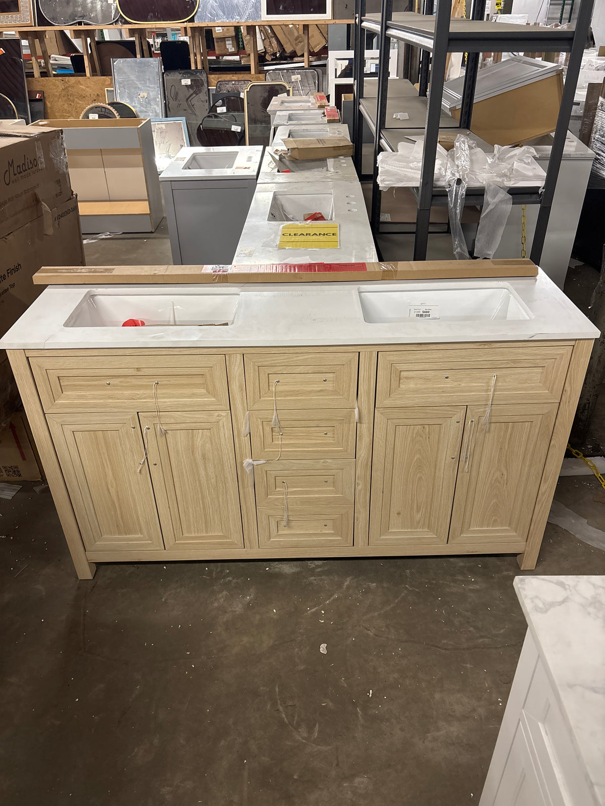 Beaufort 60 in. Double Sink Freestanding Light Birch Bath Vanity with White Engineered Stone Top (Assembled)