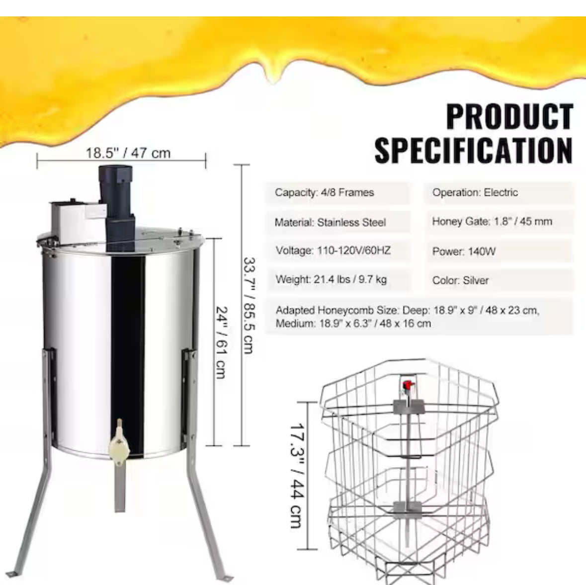 Electric Honey Extractor, 4/8 Frames Stainless Steel Spinner for Beekeeping, Height Adjustable Stand
