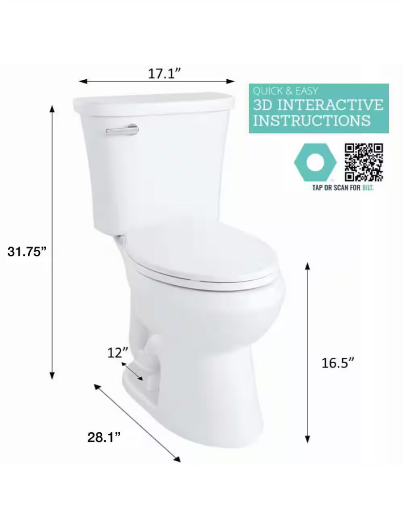 Power Flush 2-Piece 1.28 Gallons Per Flush GPF Single Flush Elongated Toilet in White with Slow-Close Seat Included