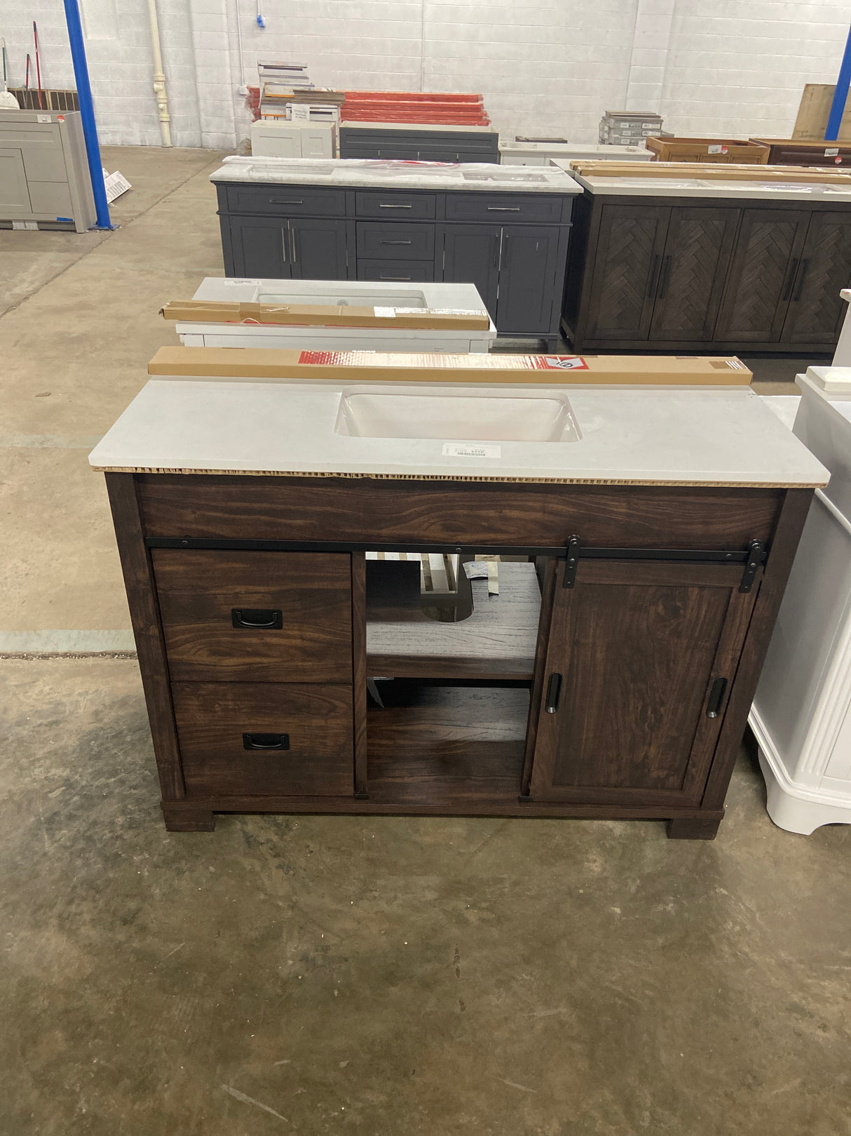 Brindley 48 in. W x 20 in. D x 34.5 in. H Barn Door Bath Vanity in Dark Walnut with Engineered Stone Top