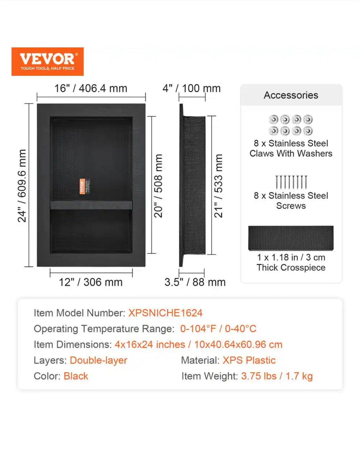 16 in. W x 24 in. H x 3.5 in. D Shower Niche Ready for Tile Double Shelf Organizer in Black