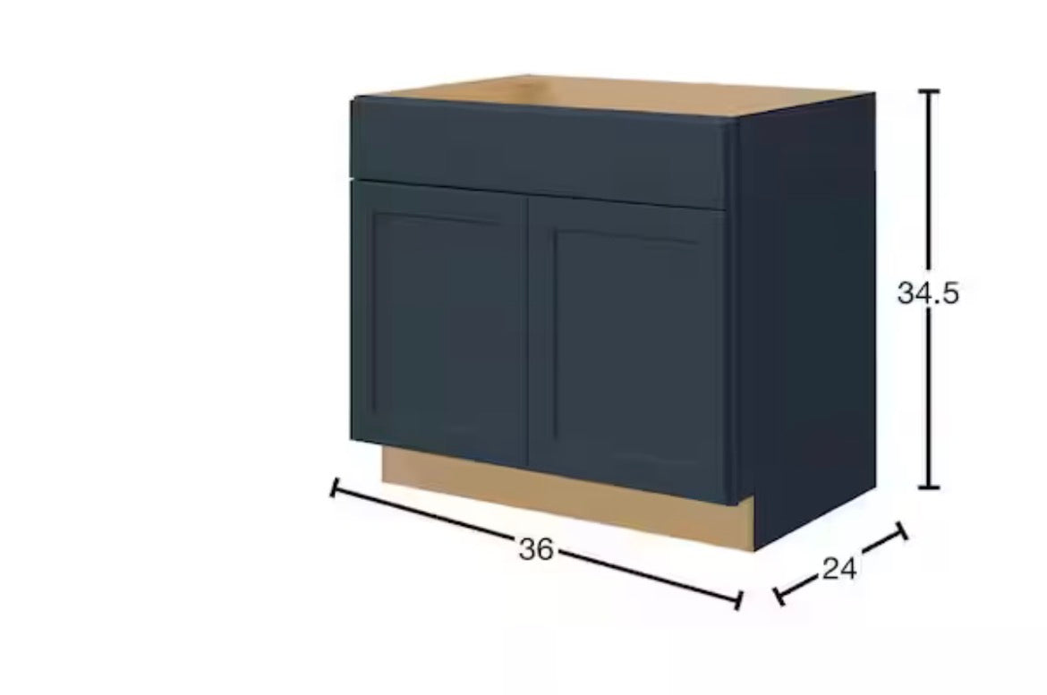 Avondale 36 in. W x 24 in. D x 34.5 in. H Ready to Assemble Plywood Shaker Sink Base Kitchen Cabinet in Ink Blue