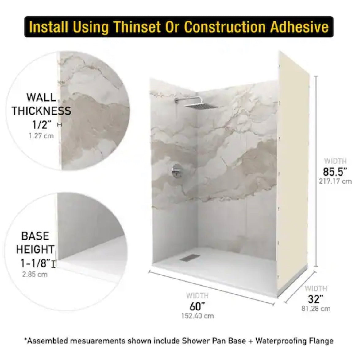 Italian Beige 32 in. x 60 in. x 84 in. Solid Composite Stone Alcove Shower Kit with Walls and White Pan Base L/R Drain