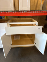 Shaker Satin White Stock Assembled Base Kitchen Cabinet with Ball-Bearing Drawer Glides (30 in. x 34.5 in. x 24 in.)