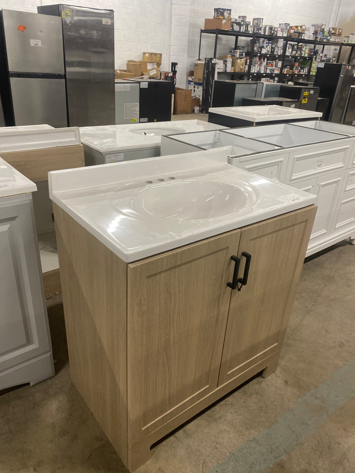 Oakley 31 in. Single Sink Beige Oak Bath Vanity with White Cultured Marble Top (Assembled)
