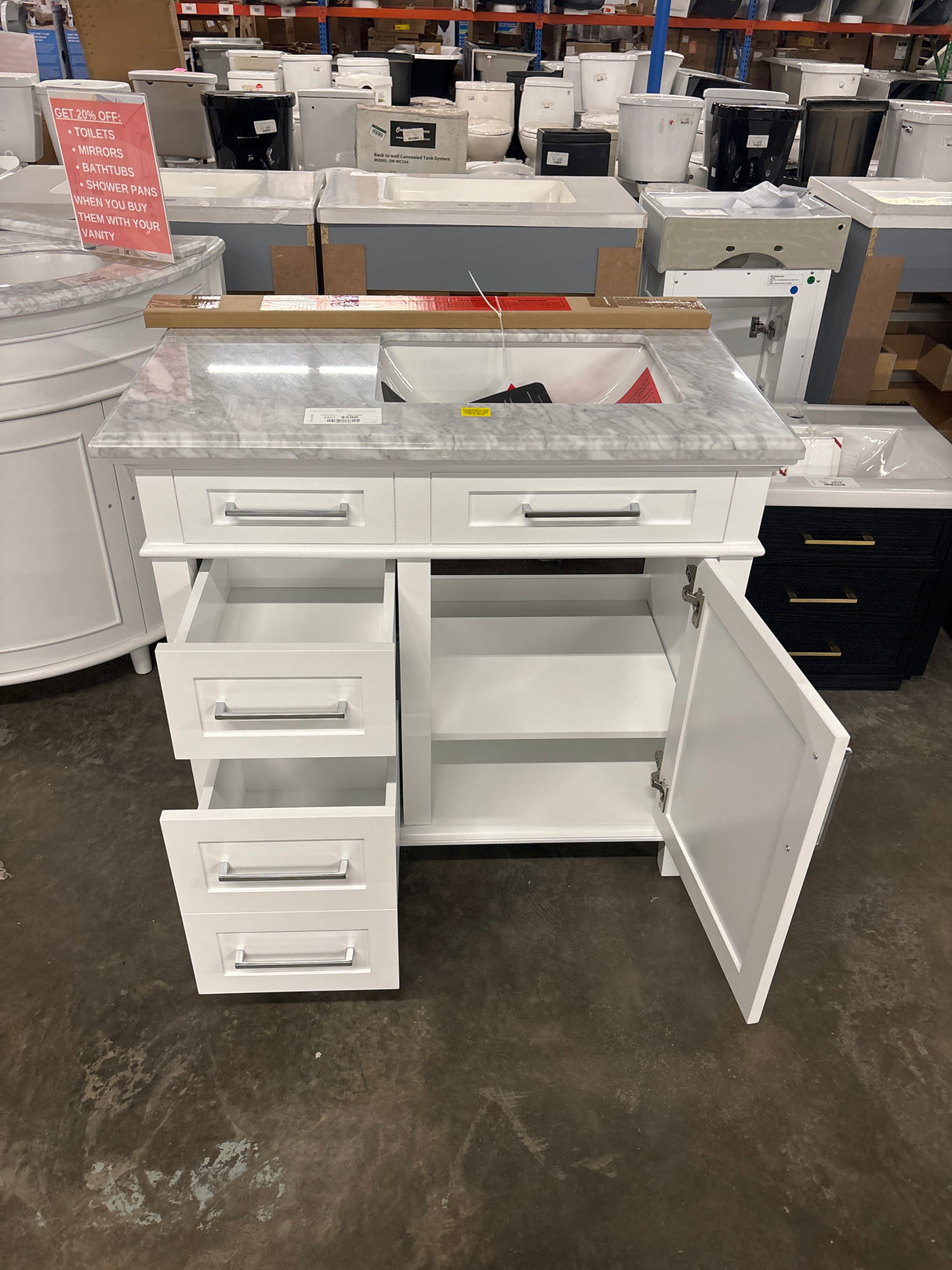Sonoma 36 in. W x 22 in. D x 34 in. H Bath Vanity in White with White Carrara Marble Top ( Comes With One Free Toilet Or Mirror Valued Up To $100)