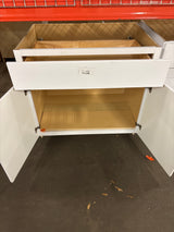 Shaker Satin White Stock Assembled Base Kitchen Cabinet with Ball-Bearing Drawer Glides (36 in. x 34.5 in. x 24 in.)