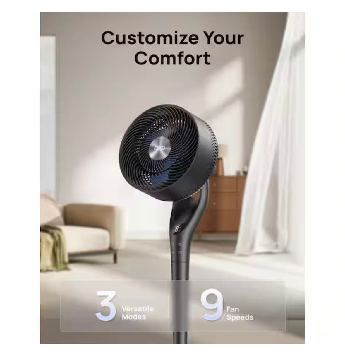 TurboPoly Fan 9 in. 9-Fan Speeds Pedestal Fan in Black with Exclusive Blue Blade, Remote and 2D 120Â° Oscillation
