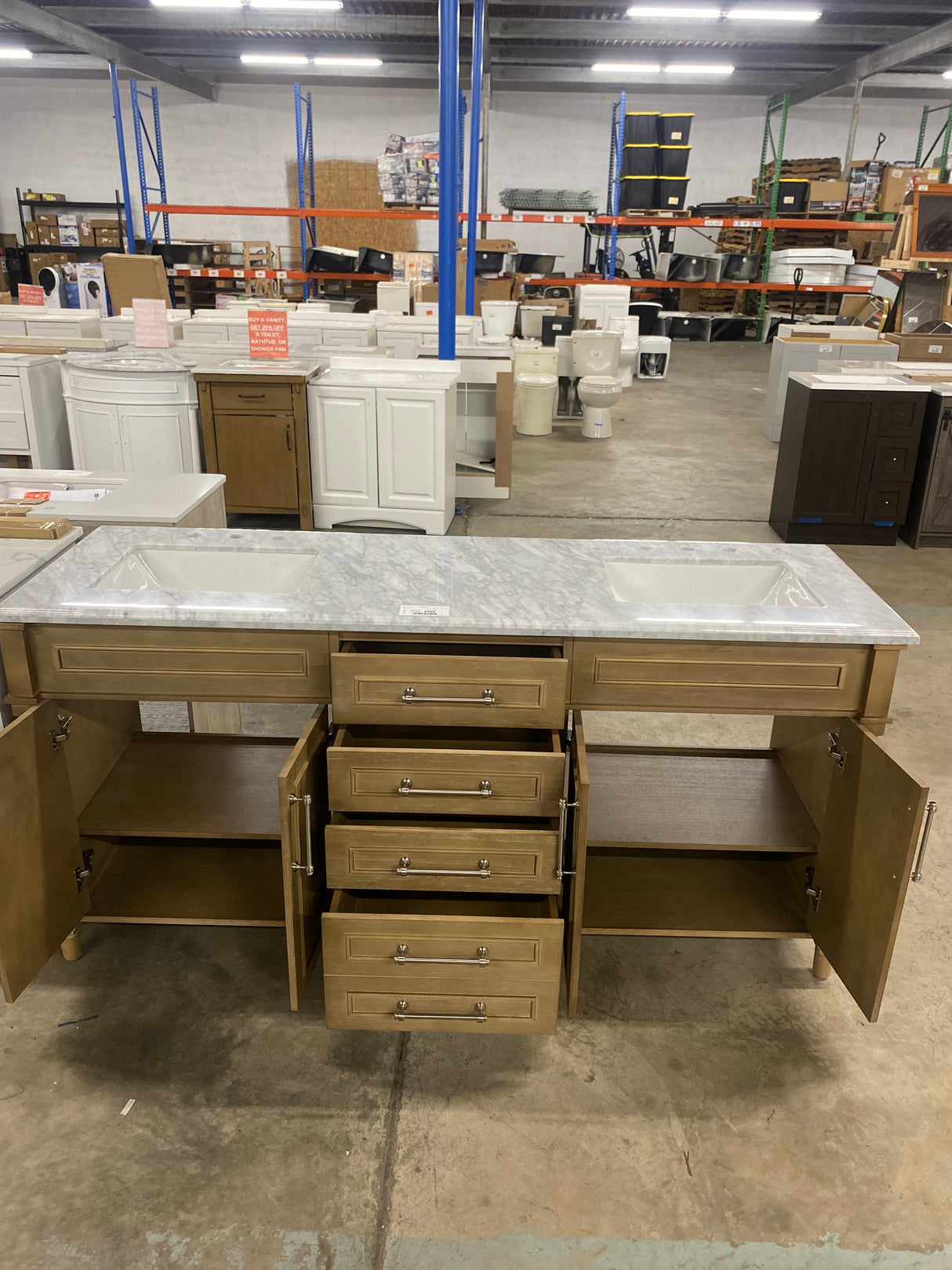 Aberdeen 72 in. x 22 in. D x 34.5 in. H Bath Vanity in Antique Oak with White Carrara Marble Top