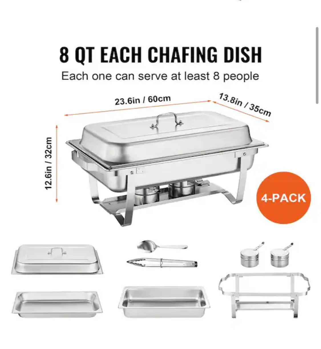 8 qt. Chafing Dish Buffet Set Stainless Chafer with 4 Full Size Pans Rectangle Catering Warmer Server (4-Pack)