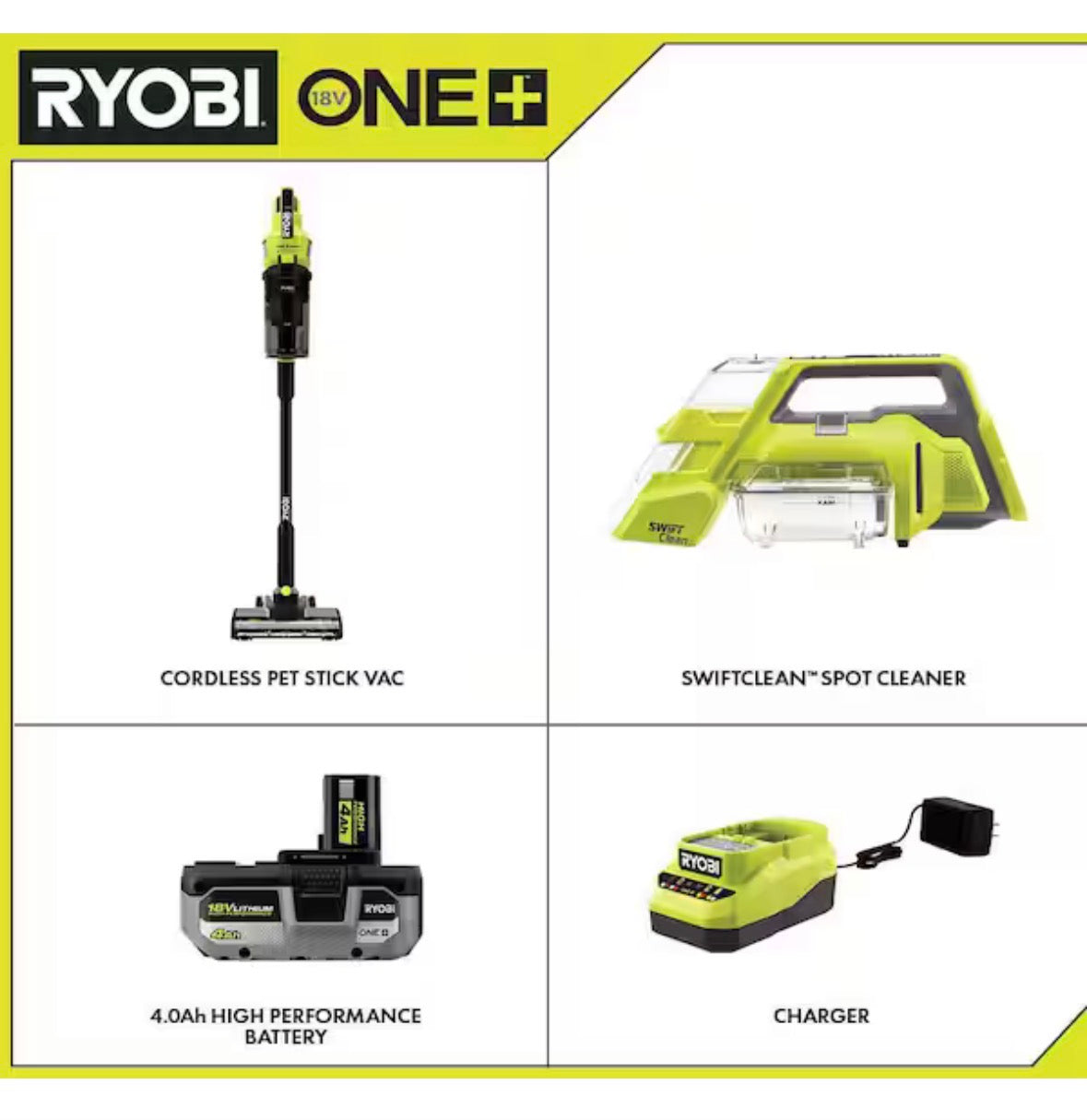 ONE+ HP 18V Cordless Pet Stick Vacuum Cleaner Kit w/ Battery, Charger, & ONE+ Cordless SWIFTClean Spot Cleaner