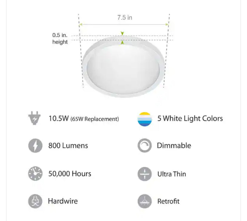 10.5-Watt Integrated LED Flush Mount 7.5 in. White Round Dimmable Flat Panel Ceiling with Color Change 5CCT