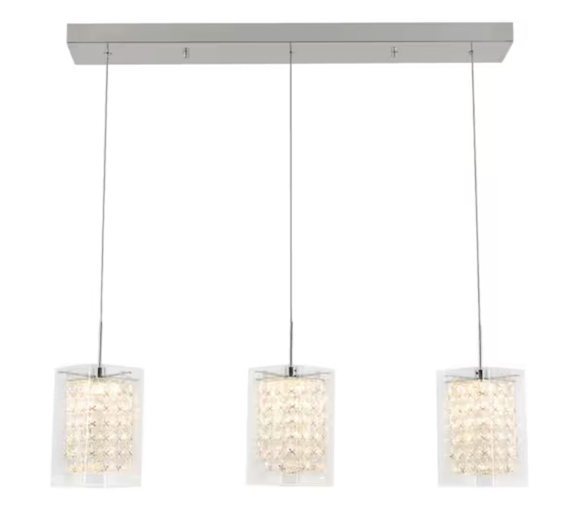 Crystal Cube 13-Watt 3 Light Chrome Modern Integrated LED Pendant Light Fixture for Dining Room or Kitchen