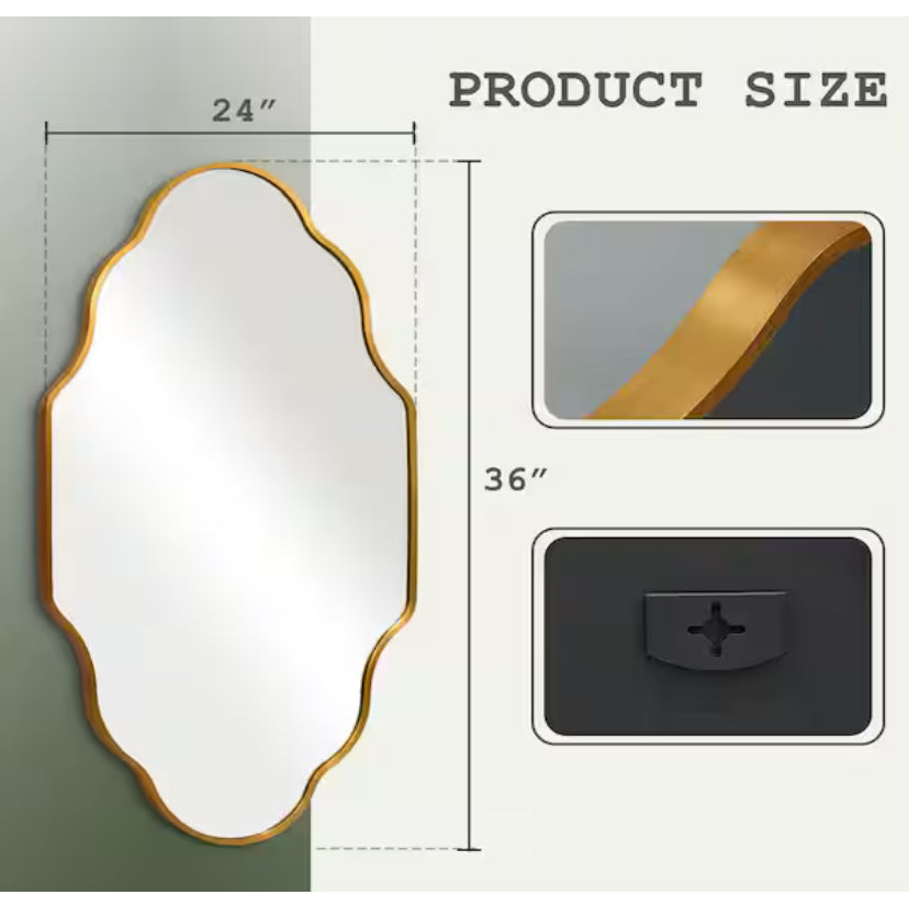 24 in. W x 36 in. H Scalloped Gold Aluminum Alloy Framed Wall Mirror Irregular Decor Mirror for Living Room, Bathroom