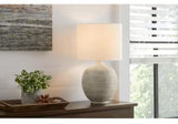 Finch 22 in. Distressed White Ribbed Table Lamp with White Linen Shade