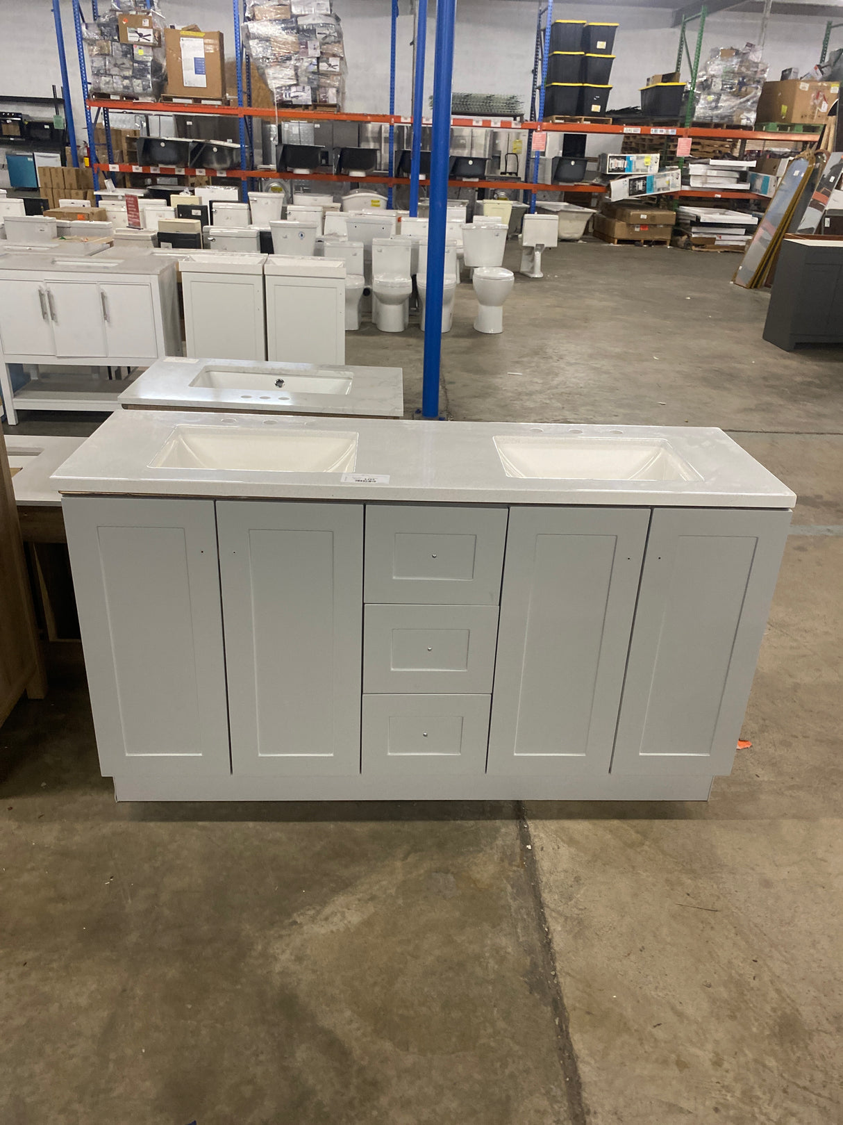 Bannister 61 in. Double Sink Pearl Gray Freestanding Bath Vanity with Granite-Look Colorpoint White Cultured Marble Top