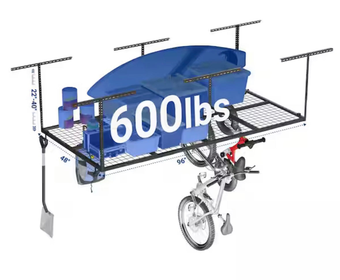 OHK Series 48 in. W x 96 in. D x 22-40 in. H Ceiling Mounted Overhead Garage Storage Rack with Accessory Hooks in Black