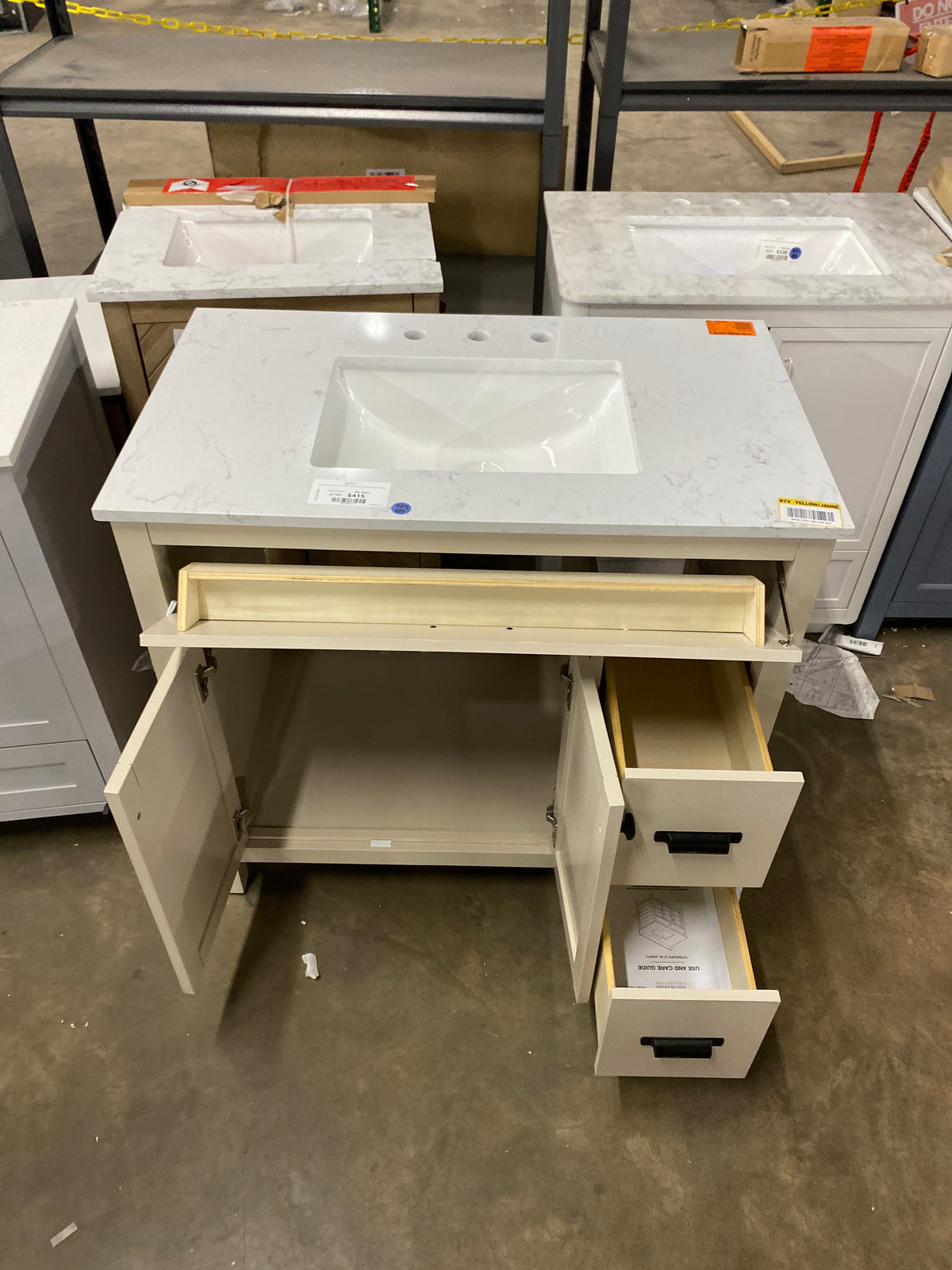 Stanhope 37 in. Single Sink Freestanding Even Better Beige Bath Vanity w/ Crystal White Engineered Stone Top (Assembled)