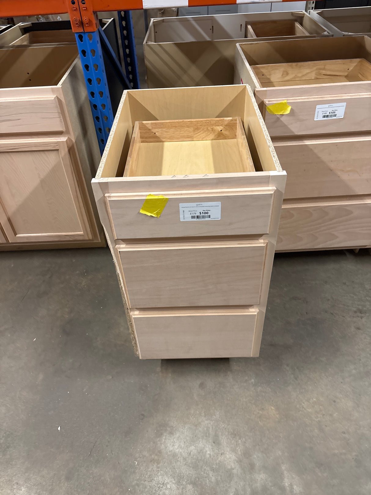 Recessed Panel 18 in. W x 24 in. D x 34.5 in. H Assembled 3 Drawer Base Cabinet in Unfinished