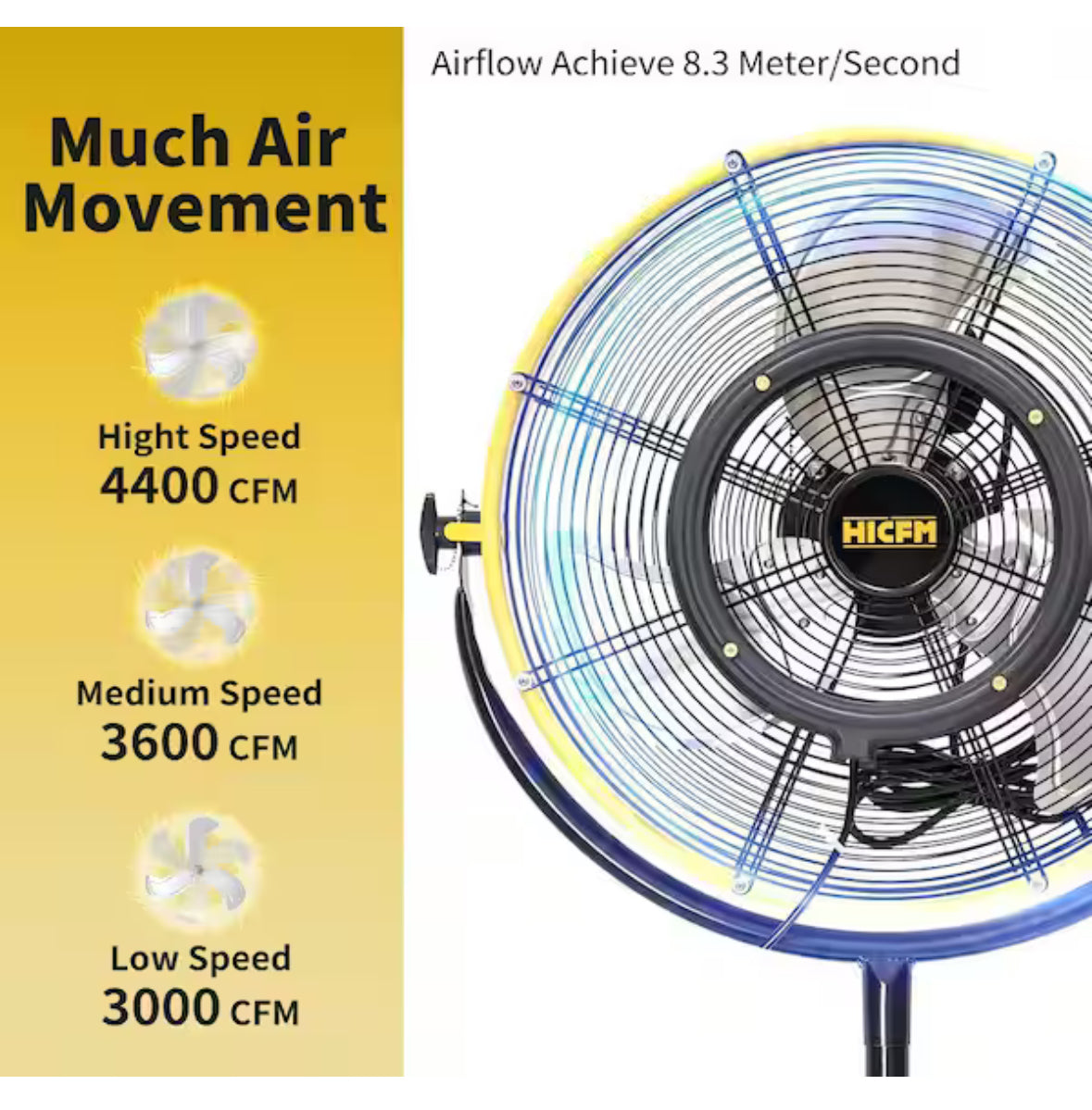 4400 CFM 20 in. Outdoor Misting Fan in Yellow Pedestal Standing Base with IP44 Enclosed Motor, 180Â° Tilted Head
