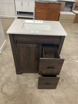 Brindley 30 in W x 20 in D x 35 in H Single Sink Freestanding Vanity in Dark Walnut w/ Veined White Engineered Stone Top