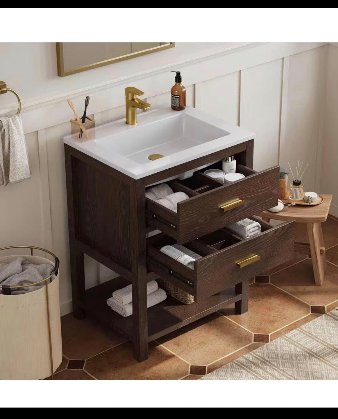 Magen 25 in. Single Sink Bath Vanity in Walnut with White Engineered Solid Surface Top and 2 Drawers (Unassembled)