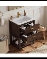 Magen 25 in. Single Sink Bath Vanity in Walnut with White Engineered Solid Surface Top and 2 Drawers (Unassembled)
