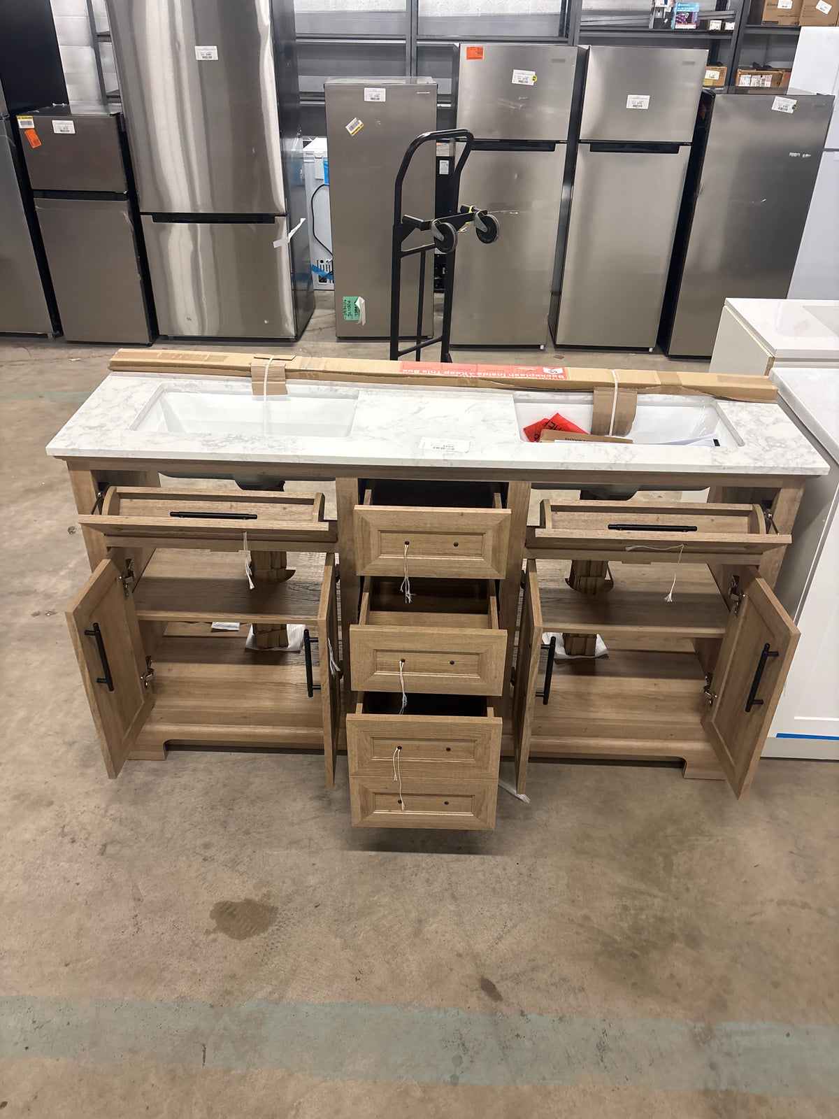Doveton 60 in. W x 19 in. D x 34.50 in. H Bath Vanity in Weathered Tan with White Cultured Marble Top