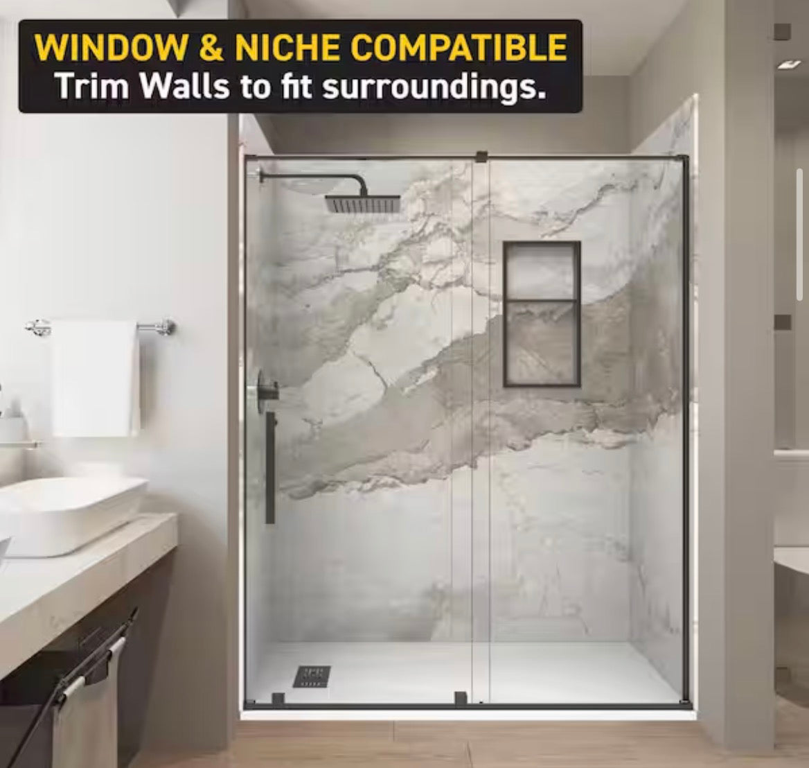 Italian Beige 32 in. x 60 in. x 84 in. Solid Composite Stone Alcove Shower Kit with Walls and White Pan Base L/R Drain