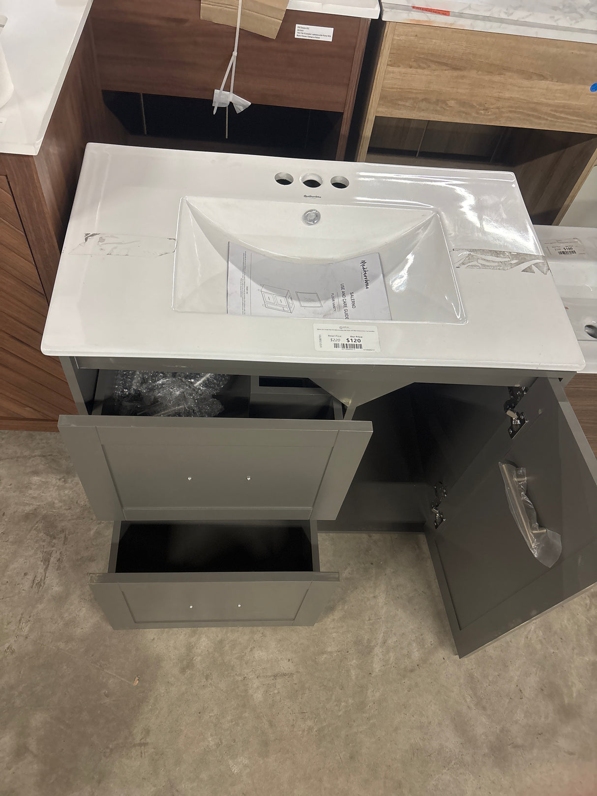 Salerno 32 in. Single Sink PVC Grey Standing Bath Vanity with White Sintered Stone Top Assembled