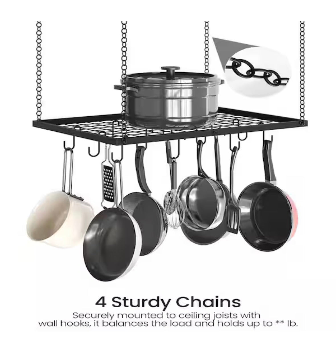 23.7 in. L x 15.7 in. W x 0.8 in. H Black Metal Hanging Pot Rack with 12 Hooks, Ceiling Mounted Pot Hanger for Kitchen
