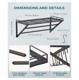 Black 23.6 in. Wall Mounted Pot Rack Storage Shelf with 2-Tier Hanging Rails and 12 S Hooks