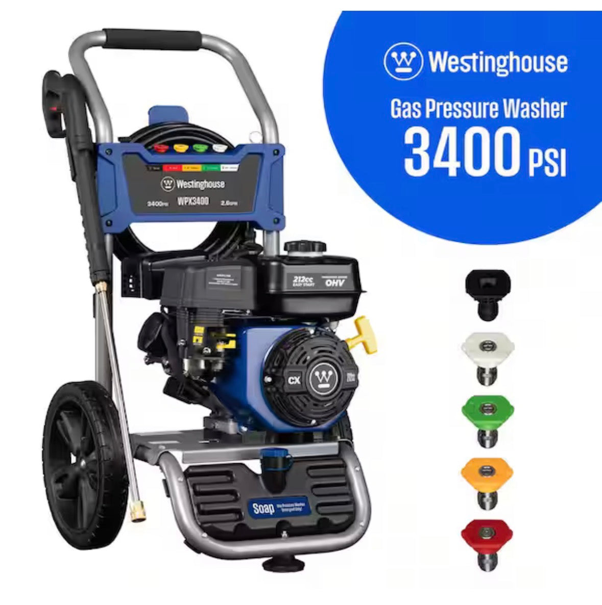 3400 PSI 2.6 GPM Gas Powered Axial Cam Pump Cold Water Pressure Washer with Soap Tank and 5 Quick Connect Tips