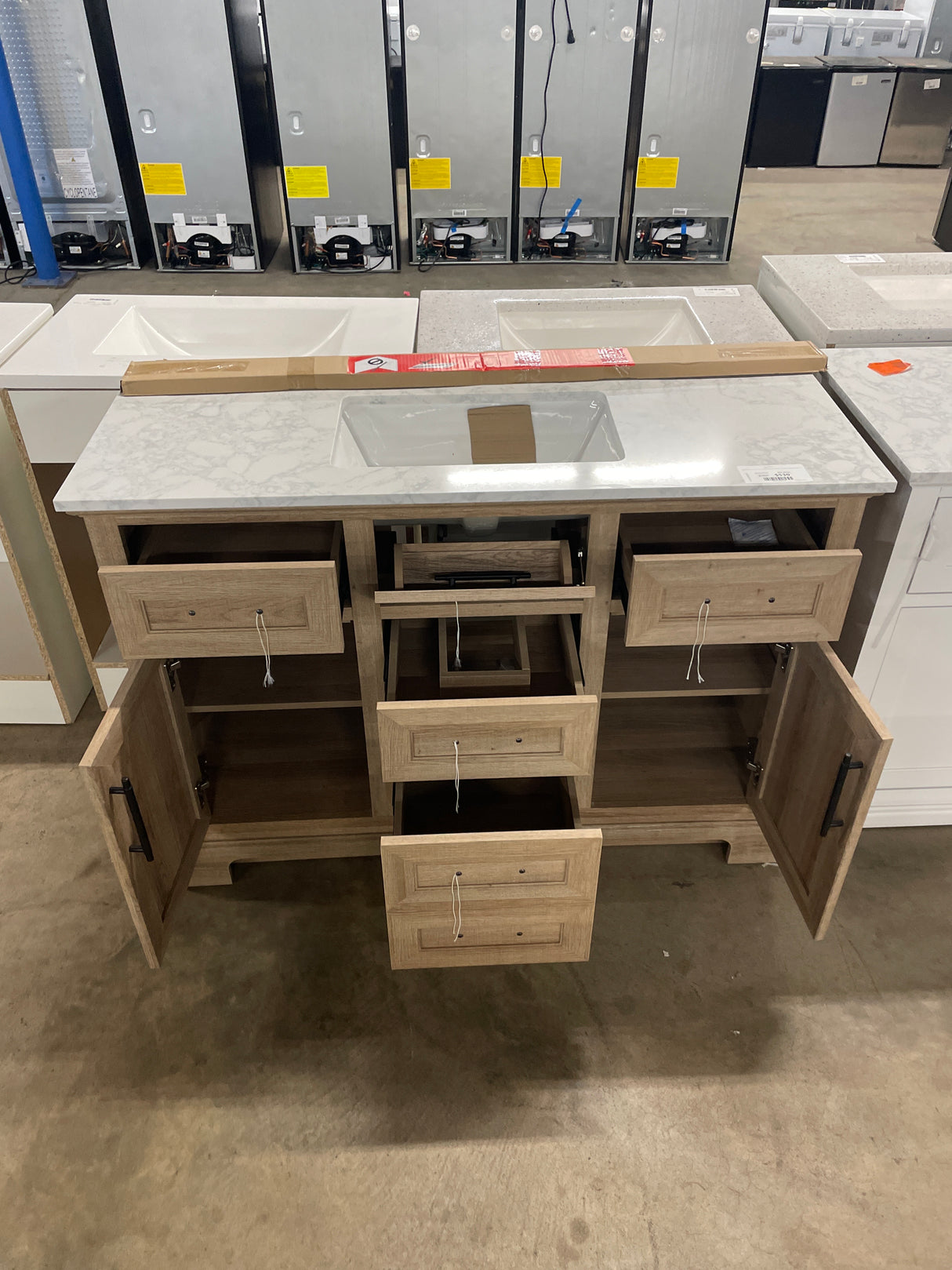 Doveton 48 in. W x 19 in. D x 34.50 in. H Freestanding Vanity in Weathered Tan with White Engineered Stone Top