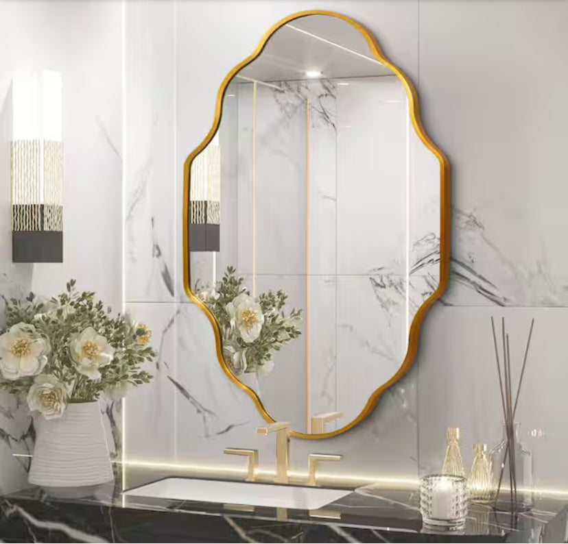 24 in. W x 36 in. H Scalloped Gold Aluminum Alloy Framed Wall Mirror Irregular Decor Mirror for Living Room, Bathroom