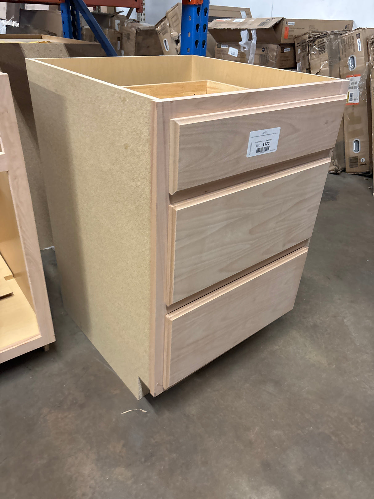 Hampton Unfinished Beech Recessed Panel Stock Assembled Base Kitchen Cabinet with 3 Drawers (24 in. x 34.5 in. x 24 in.)