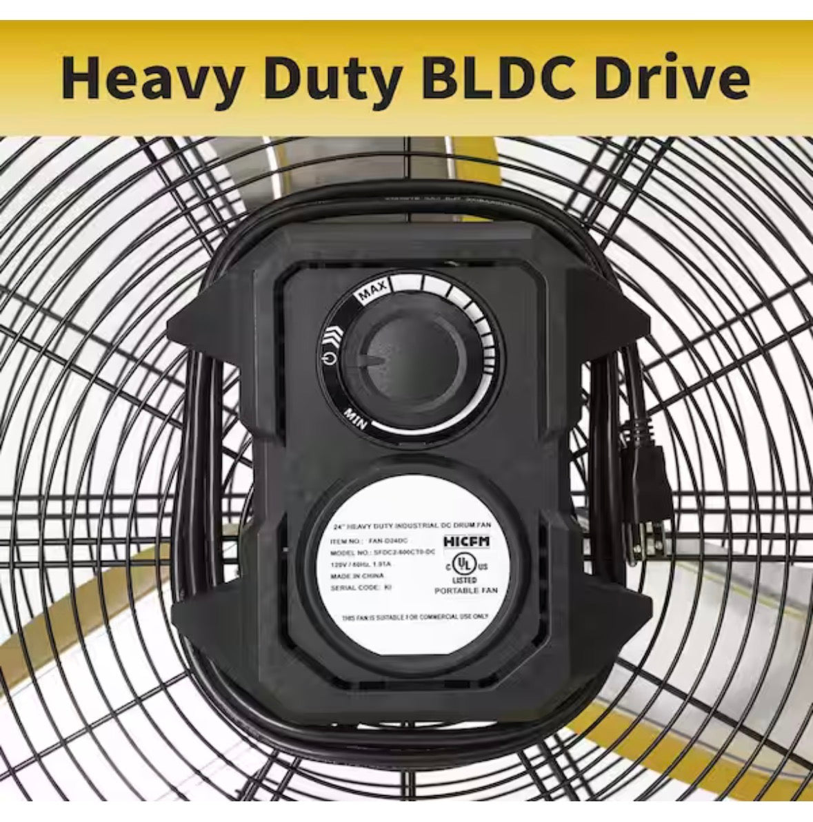 24 in. BLDC Drive Drum Fan in Yellow with Solid Wheels, Tough Handle, Variable Speed Control, Low Noise, UL Listed